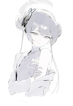 1girl black_gloves blue_archive braid breasts butterfly_hair_ornament china_dress chinese_clothes dress gloves grey_eyes grey_hair grey_halo grey_jacket hair_between_eyes hair_ornament halo highres jacket kisaki_(blue_archive) looking_at_viewer single_bare_shoulder skirt small_breasts twin_braids twintails white_background white_skirt yu_(ba9ama)