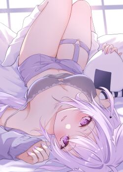 1girl amaguri_(guri_0330) bare_shoulders black_camisole blush breasts camisole cleavage highres hololive jacket large_breasts leg_warmers looking_at_viewer lying nekomata_okayu on_back onigirya_(nekomata_okayu) open_clothes open_jacket parted_lips purple_eyes purple_hair purple_jacket purple_shorts short_hair shorts smile solo upside-down virtual_youtuber white_leg_warmers