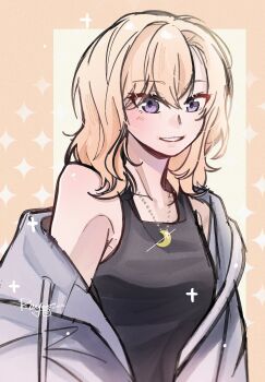 1girl bang_dream! bang_dream!_it's_mygo!!!!! black_tank_top blonde_hair blush chinese_commentary commentary_request grey_jacket hair_between_eyes highres jacket jewelry medium_hair misumi_uika necklace off_shoulder open_mouth purple_eyes solo tank_top yoyoray20001996