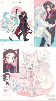 1girl 2boys :d :o ahoge animal_ear_fluff animal_ears bare_shoulders black_hair black_jacket black_pants blue_bow blue_bowtie blue_eyes bow bowtie cat cat_boy cat_ears cat_girl cat_tail chibi closed_eyes closed_mouth double-parted_bangs full_body hair_between_eyes hair_intakes highres holding_hands jacket long_sleeves meimei_(wakamoid) mihuashi_username multiple_boys multiple_views open_mouth original pants shirt short_hair sleeveless sleeveless_shirt smile standing tail thank_you white_bow white_bowtie white_hair white_jacket white_pants yellow_eyes