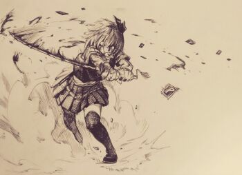 Rule 34 | 1girl, black socks, blank eyes, blood, blood on face, cutting, greyscale, hair between eyes, hair ribbon, highres, holding, holding weapon, katana, kneehighs, konpaku youmu, monochrome, parted lips, pleated skirt, ribbon, sendai (nazonomono), short hair, short sleeves, skirt, slashing, socks, solo, spell card, standing, sword, touhou, traditional media, weapon