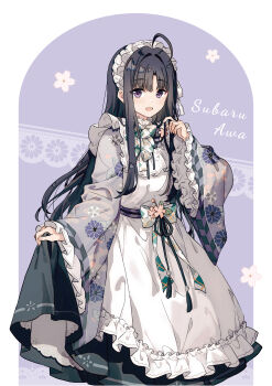 1girl :d absurdres ahoge alternate_costume apron awa_subaru black_hair bow character_name english_text floral_print flower frilled_apron frilled_sleeves frills girls_band_cry hand_up highres japanese_clothes kimono long_hair long_sleeves looking_at_viewer maid maid_apron maid_headdress migolu nuoweisenlin_tongren_gongzuoshi open_mouth purple_eyes smile solo subaru_(brand) very_long_hair wa_maid white_apron wide_sleeves
