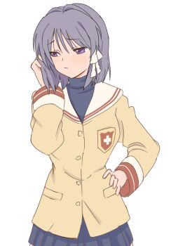 Rule 34 | 1girl, blue skirt, clannad, cowboy shot, fujibayashi kyou, hair ribbon, highres, hikarizaka private high school uniform, long sleeves, purple eyes, purple hair, ribbon, sailor collar, school uniform, shirt, short hair, simple background, skirt, solo, waka 849, white background, yellow shirt