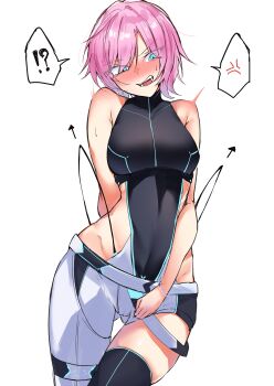 !? 1girl absurdres anger_vein asymmetrical_clothes asymmetrical_pants bare_shoulders belt black_thighhighs blue_eyes blush breasts cropped_jacket giving_wedgie highres leotard long_hair medium_breasts nijisanji one-piece_swimsuit panties pants panty_lift pink_hair short_hair sideless_leotard simple_background single_pantsleg solo spoken_anger_vein spoken_interrobang swimsuit thighhighs thong turtleneck turtleneck_one-piece_swimsuit two-tone_shorts underwear virtual_youtuber wedgie white_background white_belt white_pants yuki_maccha_(yukimattya10) yuuhi_riri yuuhi_riri_(4th_costume)