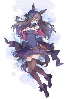 1girl absurdres animal_ears bare_shoulders black_thighhighs blue_dress blue_flower blue_hat blue_rose blush breasts brown_hair commentary_request dagger dress fascinator flipped_hair flower full_body fur_choker hair_over_one_eye hat hat_flower highres holding holding_flower horse_ears horse_girl horse_tail knife long_hair long_sleeves looking_at_viewer mola_mola off-shoulder_dress off_shoulder purple_eyes rice_shower_(rosy_dreams)_(umamusume) rice_shower_(umamusume) rose sheath sheathed small_breasts solo tail thighhighs tilted_headwear umamusume weapon