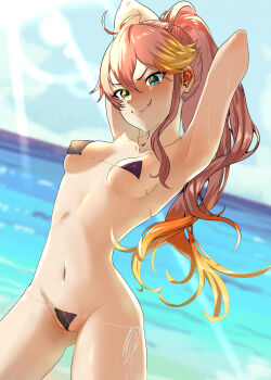 1girl absurdres anko_dechau armpit_crease armpits arms_behind_head beach bikini blonde_hair blue_sky blush breasts commentary_request commission double-parted_bangs eiyuu_densetsu embarrassed floating_hair green_eyes hair_between_eyes highres judith_lanster kuro_no_kiseki_(series) lens_flare light_rays long_hair long_single_sidelock looking_at_viewer micro_bikini multicolored_hair navel ocean orange_hair outdoors pink_hair ponytail red_hair single_sidelock sky small_breasts smile solo stomach streaked_hair sunbeam sunlight swimsuit two-tone_hair upper_body