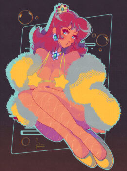 1girl adversarial_noise artist_name blue_eyes breasts bubble cleavage commentary cresscin crown earrings english_commentary flower_earrings highres jewelry large_breasts long_hair mario_(series) nintendo open_mouth princess_daisy red_hair shoes simple_background solo twitter_username yellow_shoes