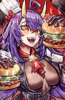 1girl absurdres ahoge bow breasts burger commission demon_girl demon_horns exodamartworks food gold_horns hair_bow heart highres holding holding_burger holding_food horns indie_virtual_youtuber large_breasts long_hair mini_chef_hat oni onigiri_(vtuber) purple_hair red_background red_handkerchief vgen_commission virtual_youtuber yellow_eyes