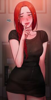 Rule 34 | 1girl, bad thinking diary, black dress, blush, brown eyeshadow, cho minjae, dress, hand up, highres, long hair, looking at viewer, official art, rangrarii, red hair, smile, very long hair