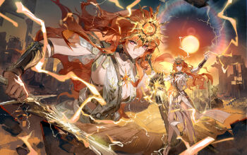 1girl ancient_greek_clothes arm_armor arm_up armor augusta_(wuthering_waves) black_collar breastplate breasts cleavage closed_mouth collar collarbone dress earrings electricity gladiator greatsword greco-roman_clothes hair_between_eyes highres holding holding_sword holding_weapon jewelry long_hair looking_at_viewer medium_breasts missing_commentary multiple_views orange_hair people qingming_tiaohetu red_eyes standing sun sun_earrings sun_necklace sword weapon white_dress wuthering_waves