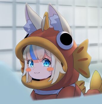 absurdres ahoge animal_costume animal_ear_fluff animal_ears blonde_hair blue_eyes blue_streaks bodysuit cat_ears commentary dai_roku_ten_mao fins fish_costume fish_girl fish_hood fish_tail highres indie_virtual_youtuber long_hair multicolored_hair sameko_saba sameko_saba_(roommate) streaked_hair striped_clothes tail very_long_hair virtual_youtuber