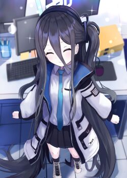 1girl ^_^ a-pose absurdly_long_hair absurdres aqua_halo aris_(blue_archive) black_hair black_hairband black_jacket black_skirt black_socks blue_archive blue_jacket blue_necktie blurry blurry_background blush clenched_hands closed_eyes closed_mouth collared_shirt commentary_request computer_keyboard computer_mouse desk from_above full_body hair_between_eyes hairband halo highres jacket long_bangs long_hair long_hair_between_eyes long_sidelocks long_sleeves monitor multicolored_jacket necktie one_side_up open_clothes open_jacket pleated_skirt puffy_long_sleeves puffy_sleeves rectangular_halo school_uniform shadow shirt shoes sidelocks skirt smile socks solo sparkle standing thomason366 tile_floor tiles two-sided_fabric two-sided_jacket very_long_hair white_jacket white_shirt white_shoes