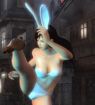 1girl 3d alley animal_ears bandeau bare_shoulders black_hair blush bra breasts brown_eyes building cityscape cleavage dead_or_alive dead_or_alive_5 dead_or_alive_5_last_round fake_animal_ears fighting_stance flexible glowing glowing_eyes hand_on_own_head high_heels high_kick highres kicking kneepits kokoro_(doa) large_breasts leg_lift leg_up legs midriff motion_blur nao_(pixiv_5120470) neon_lights night open_mouth panties parted_lips rabbit_ears screencap solo_focus split spread_legs standing standing_on_one_leg standing_split strapless strapless_bra thighs tube_top underwear underwear_only white_bra white_panties window