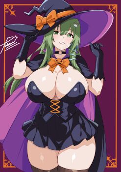 1girl absurdres black_dress black_gloves breasts choker cleavage dress gloves halloween hat highres huge_breasts jack-o&#039;-lantern kochiya_sanae pamu_art short_dress skindentation solo thick_thighs thighhighs thighs touhou witch witch_hat