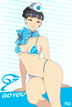 1girl ace_attorney ace_attorney_investigations ace_attorney_investigations:_miles_edgeworth bikini black_hair blue_bikini blue_scarf breasts brown_eyes earrings flight_attendant hat highres jewelry looking_at_viewer medium_breasts navel r3dfive rhoda_teneiro scarf short_hair solo striped_background striped_clothes striped_scarf swimsuit travel_attendant white_hat