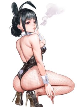 1girl animal_ears ass back bare_shoulders black_eyes black_hair black_leotard blunt_bangs breasts cigarette commentary_request fake_animal_ears fake_tail fishnet_pantyhose fishnets from_behind hair_bun high_heels highres holding holding_cigarette leotard looking_at_viewer looking_back medium_breasts nail_polish original pantyhose parted_lips pink_nails playboy_bunny rabbit_ears rabbit_tail simple_background single_hair_bun smoke smoking solo squatting strapless strapless_leotard tail tomamatto white_background wrist_cuffs