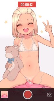1girl ball bikini blonde_hair blush cleft_of_venus closed_eyes earrings exercise_ball female_focus highres jewelry loli micro_bikini mole mole_on_stomach mole_under_eye nona_(yeun) open_mouth pussy recording side-tie_bikini_bottom smile solo stuffed_animal stuffed_toy swimsuit tan tanline teddy_bear third-party_edit uncensored untied_bikini v wardrobe_malfunction yeun