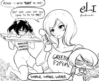 10s 3girls artist_self-insert ayase_eli bibi_(love_live!) dildo english_text greyscale love_live! love_live!_school_idol_project maullarmaullar monochrome multiple_girls nishikino_maki parody pen pillory ponytail sex_toy shirt shutter_shades stocks t-shirt the_onion thighhighs twintails twitter_username yazawa_nico