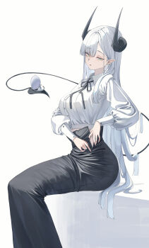 Rule 34 | 1girl, absurdres, adjusting clothes, adjusting skirt, black horns, black ribbon, black skirt, blunt bangs, blunt ends, blush, breasts, buttons, cake walker, collared shirt, commentary, demon girl, demon horns, demon tail, earrings, english commentary, from side, green eyes, hair lift, highres, horns, jewelry, large breasts, long hair, long skirt, long sleeves, looking at viewer, mole, mole under eye, nail polish, neck ribbon, original, parted lips, pink nails, pointy ears, ribbon, shirt, sidelocks, simple background, sitting, skirt, solo, stud earrings, tail, thea (nekojira), unzipped, very long hair, white background, white hair, white shirt