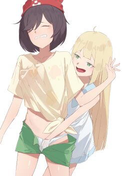 2girls :d absurdres ahoge beanie black_hair blonde_hair blush bow bow_panties clenched_teeth closed_eyes collarbone dress female_focus fingernails floral_print floral_print_shirt front-tie_top green_eyes green_shorts groping hanamaru_sensei hand_in_panties hand_under_clothes hand_under_shirt hat highres kodomo_doushi lillie_(pokemon) loli long_hair molestation multiple_girls nintendo open_mouth panties pokemon pokemon_sm reach-around red_hat selene_(pokemon) shirt short_hair shorts simple_background smile standing teeth underwear unzipped very_long_hair white_background white_dress white_panties yellow_shirt yuri