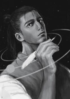Rule 34 | 1boy, chi.: chikyuu no undou ni tsuite, closed mouth, greyscale, hair bun, highres, holding, holding quill, k05062688, lips, male focus, medium hair, monochrome, nose, oczy, orbital path, quill, shirt, sideburns, solar system, solo, upper body, vest