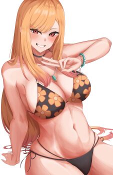 1girl bikini black_bikini black_choker blonde_hair blush breasts choker commentary_request cowboy_shot ear_piercing earrings eyelashes floral_print floral_print_bikini highres jewelry kitagawa_marin large_breasts long_hair looking_at_viewer medium_breasts multicolored_hair navel open_clothes open_shirt parted_lips pendant piercing pink_hair print_bikini red_eyes side-tie_bikini_bottom simple_background sitting smile solo sono_bisque_doll_wa_koi_wo_suru swimsuit tkaki two-tone_hair v white_background