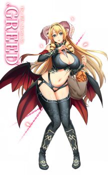 1girl absurdres back bare_shoulders between_breasts black_panties black_shoes black_thighhighs black_wings blonde_hair breasts carrot chili_pepper coin demon_girl demon_horns demon_wings drill_hair drill_sidelocks food from_behind full_body gold green_eyes green_hairband hair_between_eyes hairband high_heels highres horns large_breasts legs_together long_hair looking_at_viewer looking_back low_wings lowleg lowleg_panties mammon_(sin_nanatsu_no_taizai) mammon_(the_seven_deadly_sins) mature_female nishii_(damnedrive) official_art panties parted_lips pink_lips plump scan shoes shopping_basket sidelocks simple_background sin_nanatsu_no_taizai smile solo spread_wings standing teeth the_seven_deadly_sins thighhighs twisted_neck underwear v vegetable very_long_hair vial white_background wings