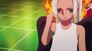 1girl animated animated_gif anime_screenshot black_feathers black_wings closed_eyes dark-skinned_female dark_skin dress earrings feathers fire hair_flip jewelry long_hair one_piece s-snake seraphim_(one_piece) sleeveless snake_earrings star-shaped_pupils star_(symbol) symbol-shaped_pupils white_dress white_hair wings yellow_eyes