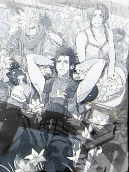 1girl 2b_fff 2boys absurdres aerith_gainsborough armor armpits arms_behind_back baggy_pants bare_shoulders belt black_hair blue_eyes breasts buster_sword camisole church cloud_strife collarbone crisis_core:_final_fantasy_vii cross_scar dress dress_flower facial_scar final_fantasy final_fantasy_vii flower flower_bed from_above gloves green_eyes hair_between_eyes hair_ribbon hair_slicked_back highres knee_pads lily_(flower) long_dress long_hair looking_up medium_breasts medium_hair multiple_belts multiple_boys pants parted_bangs parted_lips pauldrons reclining ribbon scar scar_on_cheek scar_on_face scarf shinra_infantry_uniform short_hair shoulder_armor sideburns sidelocks sitting sleeveless sleeveless_dress sleeveless_turtleneck smile spaghetti_strap spiked_hair sundress sunlight suspenders turtleneck zack_fair