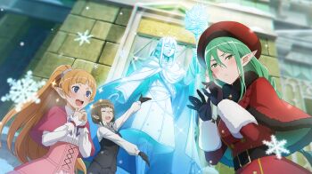 3girls :d anime_coloring arm_up belt beret black_belt black_gloves black_vest blue_eyes blunt_bangs blush bow bowtie braid breasts brown_hair buttons capelet closed_eyes closed_mouth corset danmachi_battle_chronicle double-breasted dungeon_ni_deai_wo_motomeru_no_wa_machigatteiru_darou_ka eina_tulle elf embarrassed fur-trimmed_capelet fur_trim game_cg gloves green_eyes green_hair grey_bow grey_bowtie hair_between_eyes hat high_ponytail highres ice_sculpture lefiya_viridis long_hair long_sleeves looking_at_another low-braided_long_hair low-tied_long_hair medium_breasts multiple_girls non-web_source official_alternate_costume official_art open_mouth orange_hair outdoors pink_corset pointy_ears ponytail red_capelet red_hat red_robe riveria_ljos_alf robe sculpture shirt short_hair sidelocks smile snowflakes sparkle sparkling_aura vest white_shirt