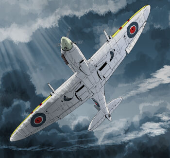 aircraft airplane cloud flying from_below highres matsuda_juukou military_vehicle no_humans original propeller propeller_fighter roundel royal_air_force sky supermarine_spitfire vehicle_focus world_war_ii