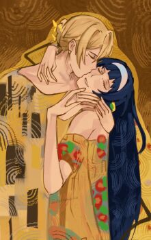 Rule 34 | 2girls, astra yao, blonde hair, blue hair, closed eyes, commentary, dress, earrings, elfen lied, english commentary, evelyn chevalier, fine art parody, hair bun, hairband, hand on another's neck, highres, jewelry, kiss, kissing cheek, long hair, mole, mole under eye, multiple girls, myata (dreamycke), parody, parted lips, smile, the kiss, white hairband, yellow dress, yuri, zenless zone zero