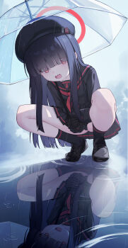 1girl absurdres beret black_choker black_gloves black_hair black_hat black_panties black_sailor_collar black_serafuku black_shirt black_shoes black_skirt black_socks blue_archive blunt_bangs blunt_ends blush choker commentary_request covered_eyes gloves halo hat highres holding holding_umbrella justice_task_force_member_(blue_archive) lishu_(2013547716) loafers loli long_bangs long_hair long_sleeves looking_at_viewer miniskirt neckerchief open_mouth panties pantyshot pantyshot_through_reflection rain red_halo red_neckerchief reflection reflective_liquid revision sailor_collar school_uniform serafuku shirt shoes skirt socks solo squatting thighs transparent transparent_umbrella umbrella underwear