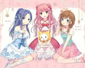 3girls :o absurdres ahoge animal animal_on_lap aqua_shirt arm_cutout bare_arms bare_shoulders bead_necklace beads black_eyes blue_bow blue_choker blue_dress blue_eyes blue_hair blue_ribbon blue_shoes bobo_(miracle_nikki) border bow bowtie braid breasts brooch brown_eyes brown_hair cat cat_on_lap character_name character_request choker cleavage cloak closed_mouth clothed_animal clothing_cutout collarbone commentary_request criss-cross_halter cross-laced_clothes cross-laced_sleeves daisy_(flower) detached_sleeves double_bun dress ear_covers english_text floral_print flower flower_brooch flower_field_(miracle_nikki) frilled_anklet frilled_choker frilled_dress frilled_shirt frilled_sleeves frills full_body glossing_rose_(miracle_nikki) hair_bow hair_bun hair_flower hair_ornament hair_ribbon hairclip half_up_braid halterneck hand_in_own_hair hand_on_lap hands_on_own_cheeks hands_on_own_face happy hat hat_flower head_tilt high_heels highres holding holding_animal holding_cat hood hood_up hooded_cloak jewelry kneeling large_breasts layered_dress leg_ribbon light_blush long_hair long_sleeves lunar_(miracle_nikki) mini_hat miniskirt miracle_nikki momo_(nikki) multiple_girls necklace nekota_chihiro nikki_(nikki) nikki_(series) on_lap open_mouth orange_bow orange_bowtie outside_border pantyhose pink_border pink_bow pink_dress pink_hair pink_shoes pink_skirt ponytail puffy_long_sleeves puffy_short_sleeves puffy_sleeves pumps red_flower red_rose ribbon rose rose_print shirt shoes short_dress short_sleeves sidelocks sitting skirt smile socks solid_oval_eyes strapless strapless_dress surprised tareme tress_ribbon very_long_hair whiskers white_background white_cat white_dress white_flower white_pantyhose white_ribbon white_sleeves white_socks wrist_bow yellow_cloak yellow_hat yokozuwari