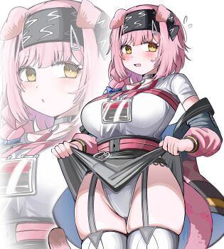 1girl absurdres animal_ears arknights black_choker black_hairband blush braid breasts cat_ears cat_girl cat_tail choker clothes_lift commentary different_zoom_layer floppy_ears flying_sweatdrops garter_straps goldenglow_(arknights) groin hair_ornament hairband hairclip highres huge_breasts id_card jacket lanyard lifting_own_clothes lightning_bolt_print long_hair long_sleeves open_mouth panties pink_hair pink_jacket print_hairband puffy_long_sleeves puffy_sleeves shirt short_sleeves side_braid simple_background single_braid skirt skirt_lift small_sweatdrop solo spam_(spamham4506) tail thighhighs underwear white_background white_panties white_shirt white_thighhighs yellow_eyes zoom_layer