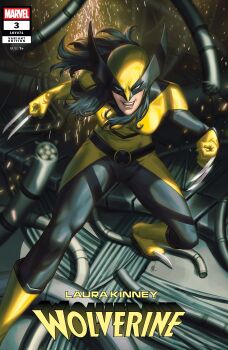 Rule 34 | 1girl, absurdres, black bodysuit, black hair, bodysuit, boots, character name, claws, comic cover, commentary, company name, copyright logo, copyright name, cover, cover page, ejikure, english commentary, english text, highres, laura kinney, logo, long hair, looking at viewer, marvel, multicolored bodysuit, official art, solo, sparks, superhero costume, two-tone bodysuit, western comics (style), wolverine (x-men), x-23, x-men, yellow bodysuit, yellow boots