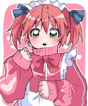 1girl apron blue_bow blush bow bowtie green_eyes hair_bow heart highres jacket kobayakawa_yutaka looking_at_viewer lucky_star maid maid_apron maid_headdress pink_jacket red_bow red_bowtie red_hair short_twintails track_jacket track_suit twintails yororomo2