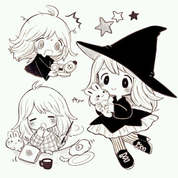 Rule 34 | 1girl, @ @, ^^^, animal, antenna hair, ayu (mog), blush, boots, chibi, chibi only, closed eyes, closed mouth, commentary, commentary request, cup, english commentary, full body, greyscale, hat, holding, holding wand, lace-up boots, long hair, long sleeves, mixed-language commentary, monochrome, multiple views, open mouth, original, pantyhose, plate, rabbit, romaji commentary, shirt, simple background, skirt, smile, star (symbol), striped clothes, striped pantyhose, teardrop, wand, witch hat, yawning