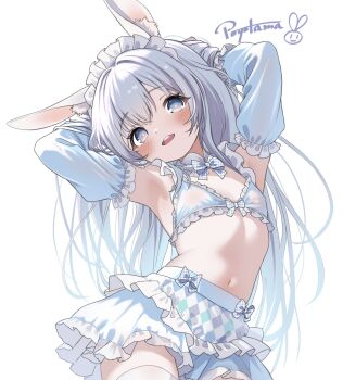 1girl animal_ear_fluff animal_ears apron armpits arms_behind_head artist_name bikini bikini_top_only blue_bikini blue_bow blue_bowtie blue_eyes blue_skirt blue_sleeves bow bow_bikini bowtie bright_pupils collar commentary cowboy_shot detached_collar detached_sleeves flat_chest frilled_bikini frilled_skirt frilled_sleeves frills grey_hair highres long_hair long_sleeves maid maid_bikini maid_headdress navel open_mouth original po_yo_ta_ma rabbit_ears simple_background skirt solo stomach swimsuit symbol-only_commentary teeth thighhighs unconventional_maid upper_teeth_only very_long_hair white_apron white_background white_collar white_pupils white_thighhighs
