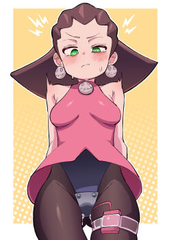 1girl absurdres breasts bright_pupils brown_hair buzzlyears closed_mouth commentary cowboy_shot dress frown gluteal_fold green_eyes highleg highleg_leotard highres leotard medium_breasts medium_hair mega_man_(series) mega_man_legends mega_man_legends_(series) pantyhose pink_dress pussy_juice sex_toy sleeveless sleeveless_dress solo thigh_gap thigh_strap trembling tron_bonne_(mega_man) v-shaped_eyebrows vibrator vibrator_under_clothes white_pupils