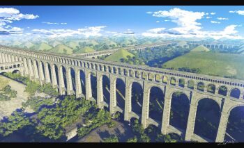 3d arch artist_name blue_sky bridge cloud day grass highres letterboxed no_humans original outdoors scenery signature sky tree waisshu_(sougyokyuu)