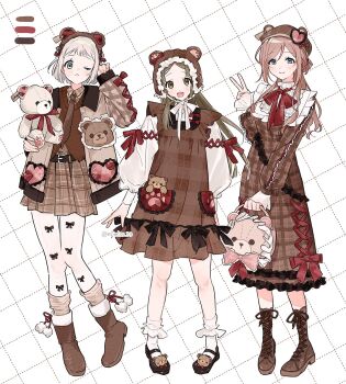 3girls alternate_costume ankle_boots bag belt beret blue_eyes boots brown_dress brown_eyes brown_hair brown_skirt commentary cross-laced_clothes dress frilled_dress frills full_body gakuen_idolmaster handbag hat highres himesaki_rinami idolmaster jacket katsuragi_lilja knee_boots kuramoto_china leg_warmers long_hair long_sleeves looking_at_viewer mary_janes mimiss_33 multiple_girls one_eye_closed pantyhose plaid_clothes plaid_dress plaid_skirt pleated_skirt puffy_long_sleeves puffy_sleeves red_ribbon ribbon shoes short_hair skirt smile stuffed_animal stuffed_toy symbol-only_commentary teddy_bear v white_hair white_pantyhose