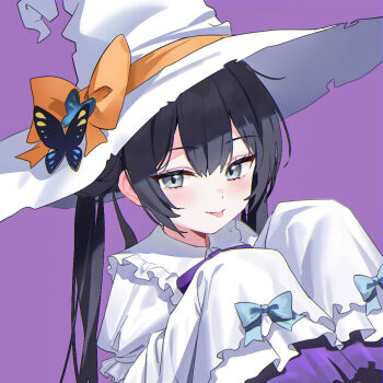 1girl black_hair blue_archive bow butterfly_hat_ornament double_bun dress frilled_dress frilled_sleeves frills grey_eyes hair_bun hands_up hashtag-only_commentary hat hat_bow hat_ornament kisaki_(blue_archive) long_hair long_sleeves looking_at_viewer no_halo purple_background sidelocks simple_background sleeves_past_fingers sleeves_past_wrists solo tongue tongue_out twintails very_long_hair white_dress white_hat witch_hat xuan_ban29394