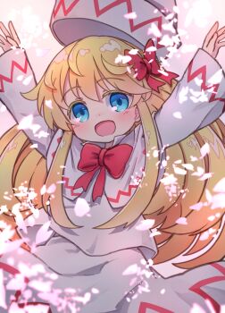 1girl :d arms_up blonde_hair blue_eyes blush bow capelet colored_eyelashes commentary_request dress hair_between_eyes hair_bow hat head_tilt highres kibisake lily_white long_hair long_sleeves looking_at_viewer open_mouth outstretched_arms petals red_bow revision sleeves_past_wrists smile solo touhou unworn_hat unworn_headwear very_long_hair white_capelet white_dress white_hat wide_sleeves