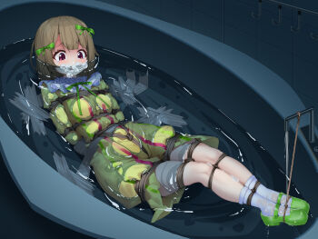 1girl absurdres aiza-ku arms_behind_back asphyxiation bathtub bdsm bondage bound brown_hair dress execution hair_ribbon highres legs love_live! love_live!_nijigasaki_high_school_idol_club nakasu_kasumi peril pink_eyes restrained ribbon shibari shibari_over_clothes