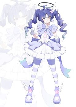 1girl ahoge aipa alternate_costume back_bow blue_archive blue_bow blue_eyes blush bow cosplay dress drill_hair fighting_stance frilled_dress frills gloves hair_ornament halo long_hair magical_girl pantyhose pink_bow purple_dress purple_shoes reisa_(blue_archive) reisa_(magical)_(blue_archive) reisa_(magical)_(blue_archive)_(cosplay) shoes smile solo standing star_(symbol) star_hair_ornament striped_clothes striped_pantyhose twin_drills white_background white_dress white_gloves wing_hair_ornament wings_on_shoes yuuka_(blue_archive)