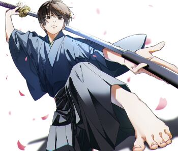 1boy axis_powers_hetalia barefoot brown_eyes brown_hair closed_mouth feet hakama japan_(hetalia) japanese_clothes katana kimono male_focus petals saiki_illust2 short_hair solo sword weapon white_background