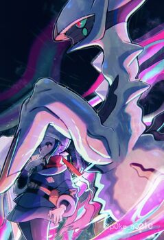 1girl akari_(pokemon) arceus black_hair black_pantyhose black_sash blue_jacket closed_mouth galaxy_expedition_team_survey_corps_uniform gen_4_pokemon hand_up headscarf highres jacket legendary_pokemon long_hair miniskirt mythical_pokemon nintendo p0ke_a0210 pantyhose pokemon pokemon_(creature) pokemon_legends:_arceus ponytail red_eyes red_scarf sash scarf skirt smile twitter_username white_headscarf