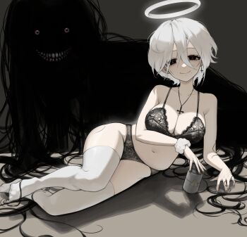 1girl absurdres black_bra black_eyes black_panties bra breasts cleavage closed_mouth commentary cross cross_earrings cross_necklace earrings hair_between_eyes halo highres holding horror_(theme) jewelry k_hottok large_breasts looking_at_viewer lying monster navel necklace on_side original panties red_eyes short_hair smile solo thighhighs underwear underwear_only white_hair white_thighhighs