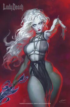1girl armpits artist_name black_choker black_dress breasts character_name choker closed_mouth colored_skin commentary cover cover_page cowboy_shot curvy dark_nipples detached_sleeves dress english_commentary enzo_fernandez fingernails garter_straps hair_between_eyes hand_up holding holding_sword holding_weapon lady_death lady_death_(character) large_breasts long_fingernails long_hair looking_at_viewer navel nipples pelvic_curtain pentagram red_background red_lips red_nails see-through_clothes see-through_dress signature sleeveless sleeveless_dress solo sword weapon white_eyes white_hair white_skin wide_hips